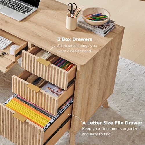 T4TREAM Fluted Executive Desk with Drawers, 60" Modern Home Office Computer Desk with Charging Station, File Cabinet, Keyboard Tray and Storage Cabinet for Study, Living Room, Bedroom, Natural Oak - color: Natural Oak