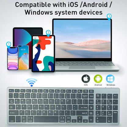 Wireless Keyboard,Bluetooth and 2.4G USB Wireless Keyboard,Rechargeable Slim Quiet Typing Keyboard for Mac/Windows -Space Grey
