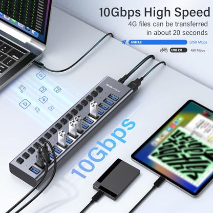 ACASIS Powered 16 Ports USB 3.2 Hub, 10Gbps Data Transfer, 96W Adapter | Individual On/Off Switch for Each Port • Aluminum Housing • Better Heat Dissipation • Plug & Play - size: 16 ports