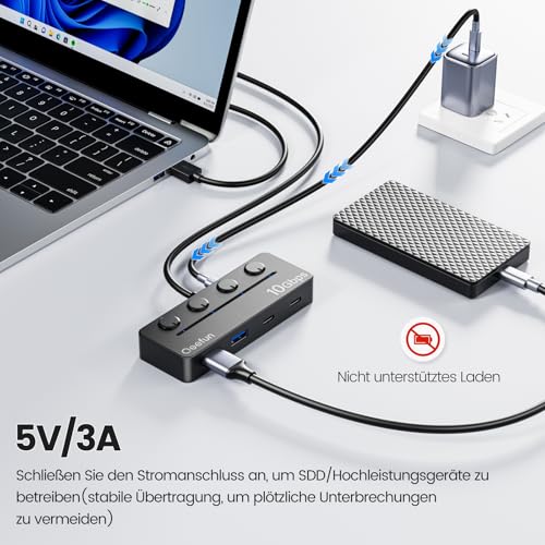 Qeefun 4-Port USB 3.2 Hub with 2 USB-C and 2 USB-A Ports, Individual LED Power Switches,10Gbps Data Transfer USB Splitter with 4ft Extension Cable, Multiple USB Extender for Laptop, PC, iMac etc - style: A to 2A+2c 3.2