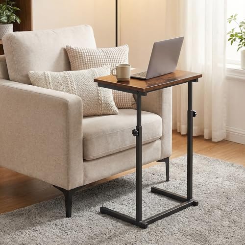 HOOBRO C Shaped End Table, Adjustable Height Sofa Side Table, Slide Under Couch Table, C Shaped Side Table for Small Spaces, for Living Room, Bedroom, Rustic Brown BF71SF01 - color: Rustic Brown + Black