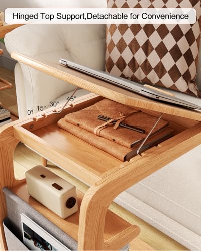 AQIMUELE Wooden C-Shaped End Table,Couch Desk with 2 Lockable Wheels,4-Tier Couch Table with Storage Bag,Small Rolling Side Table Tv Trays for Couch, Living Room,Bedroom (Natural) - color: Natural, size: 15.6"D x 15.7"W x 24.8"H, style: Modern 4 Tier