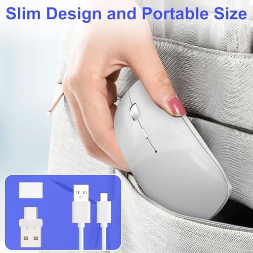 Bluetooth Wireless Mouse for MacBook Air Mac Pro iPad Laptop Computer Pad Optical Rechargeable Slim Silent Dual Mode (2.4G USB-C/USB-A&Bluetooth 5.2/3.0) Mouse Jiggler for Computer Awakening - Silver - color: SILVER