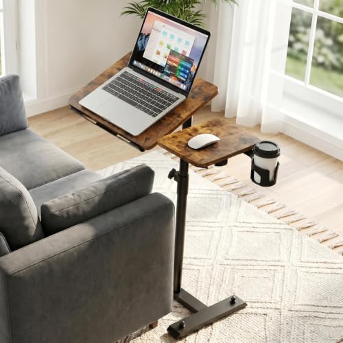 Aothia Small Standing Desk Rolling Table Adjustable Height, Laptop Mobile Stand with Wheels, Overbed Table, Portable Computer Workstation with Tiltable Desktop for Teacher Classroom Home Office, Brown - color: Brown
