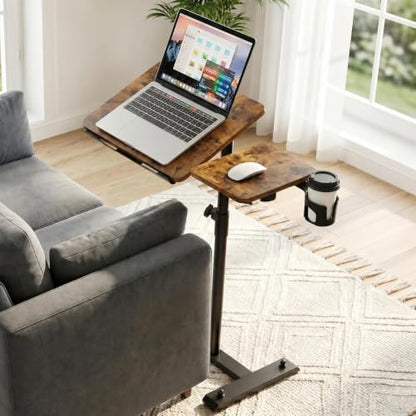 Aothia Small Standing Desk Rolling Table Adjustable Height, Laptop Mobile Stand with Wheels, Overbed Table, Portable Computer Workstation with Tiltable Desktop for Teacher Classroom Home Office, Brown - color: Brown