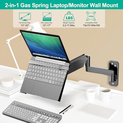 UPGRAVITY Laptop Wall Mount, 2-in-1 Gas Spring Wall Holder with Vented Tray for 12"-17" Notebook/13-32 Computer Screen, Full Motion Adjustable Wall Mount Laptop Stand Holds 3.3-17.6lbs