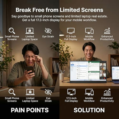 17.3 Inch Portable Monitor, HD+ 1600×900 Resolution, 16:9 Widescreen IPS Display, Ultra-Slim External Second Monitor for Laptop, Phone, PS5, Xbox, Switch, PC (17.3") - size: 17.3"