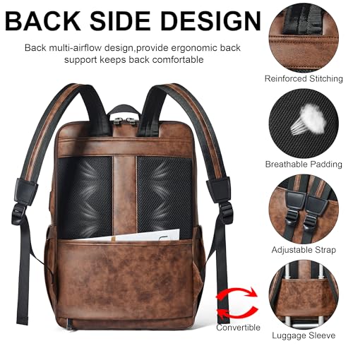 16 inch Vegan Leather Laptop Backpack with USB Charger | Smart Computer Backpack For Men and Women,Back Pocket Convert Luggage Sleeve,20L Large Capacity,Business Work Office College - color: Two-toned Brown