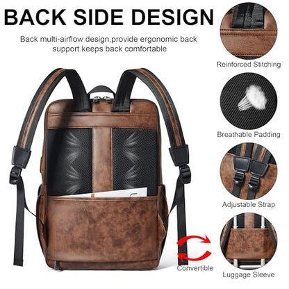16 inch Vegan Leather Laptop Backpack with USB Charger | Smart Computer Backpack For Men and Women,Back Pocket Convert Luggage Sleeve,20L Large Capacity,Business Work Office College - color: Two-toned Brown