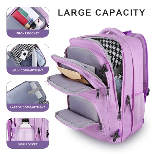 Large Travel Backpack, Laptop Backpack for women, Expandable 52L Carry On Backpack, TSA Water Resistant Weekender 18.4 Inch Laptop Backpack, Anti Theft Business Computer Bag with Port, Purple - color: Purple