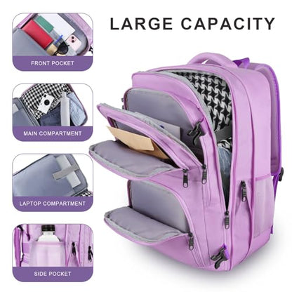 Large Travel Backpack, Laptop Backpack for women, Expandable 52L Carry On Backpack, TSA Water Resistant Weekender 18.4 Inch Laptop Backpack, Anti Theft Business Computer Bag with Port, Purple - color: Purple