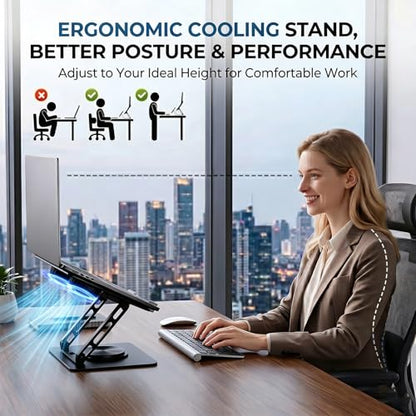 Laptop Stand for Desk with Dual Quiet Cooling Fans - 360° Rotating Base Ergonomic Computer Stand, Heavy-Duty Carbon Steel Laptop Riser Foldable Portable for Office Home (Black)