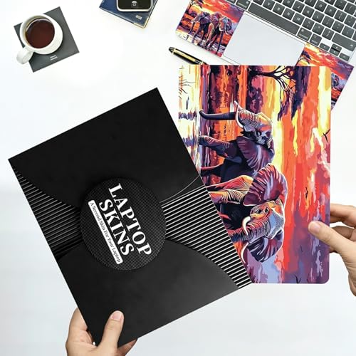Universal Laptop Skin Sticker with 2 Wrist Pad Decals, 3-Piece Removable Vinyl Laptop Cover, Elephants Sunset Waterproof Anti-Scratch, Easy-Trim Fit for 13.3" 14" 15.6" Laptops - color: Elephants Sunset