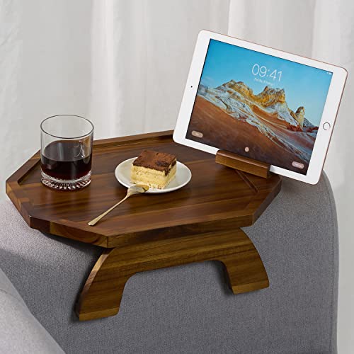 BLUEWEST Sofa Armrest Tray, Acacia Wood Couch Arm Clip on Tray Table with 360° Rotating Phone Holder –Fits Most Couch Arm Sizes–Non-Slip, Space-Saving Arm Table for TV Dinners, Remote, Drinks & Snacks - color: Acacia, size: Octagonal