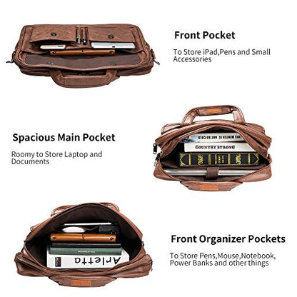 seyfocnia Men's Business Travel Briefcase Leather Handmade Messenger Bags Laptop Bag - color: Brown, size: 17.3inch