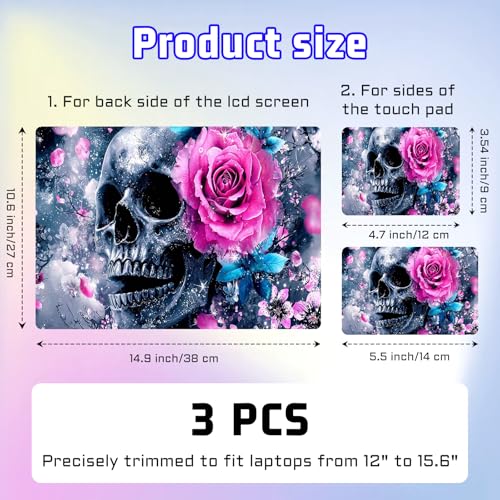 Universal Laptop Skin Sticker Decal, Compatible with MacBook HP Dell Lenovo 12"-15.6", Reusable Vinyl Notebook Cover 3PCS Set, High-Recognition Film-Pink Blue Flower Skull - color: Pink Blue Flower Skull