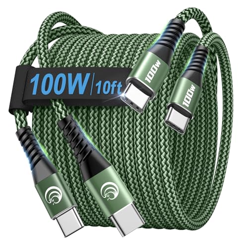 USBC to USBC 100W [10ft/2 Pack] USB C to USB C Fast Charging Cable Braided C to C Charger Cord for MacBook Pro/Air, iPhone 17 16 15 Pro Max Plus,iPad Pro,Samsung Galaxy S25 Ultra S24,Pixel,PS5,Switch - color: Green, size: 10ft+10ft