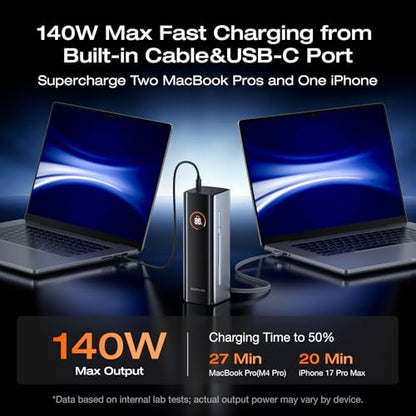 EF ECOFLOW Rapid Pro Power Bank, 4-Port with 300W Max Output, Portable Charger with 140W Built-in Cable, TSA-Approved, Smart APP, 3950x7mAh, for MacBook Pro/Air, iPhone 17/16 Series, Laptops, and More - size: Rapid Pro 27K mAh