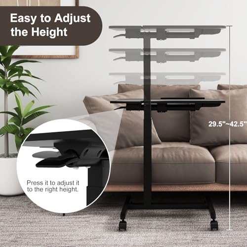 PUNCIA 28" Overbed Table with Split Tilting Desktop,Pneumatic C Table,Black | Mobile Laptop Desk for Bedside, Height Adjustable End Table with Wheels, Computer Cart for Home Sofa Office & Hospital Use - color: Black