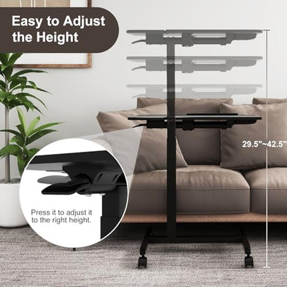 PUNCIA 28" Overbed Table with Split Tilting Desktop,Pneumatic C Table,Black | Mobile Laptop Desk for Bedside, Height Adjustable End Table with Wheels, Computer Cart for Home Sofa Office & Hospital Use - color: Black
