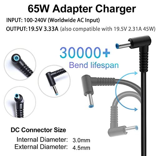 65W Laptop Charger Compatible with HP Pavilion x360 14/15/17 | Envy 13 15 X360,Elitebook 840 G5, ProBook Chromebook Stream Series,Spectre X360 (Blue Tip), 710412-001 19.5V 3.33A Adapter
