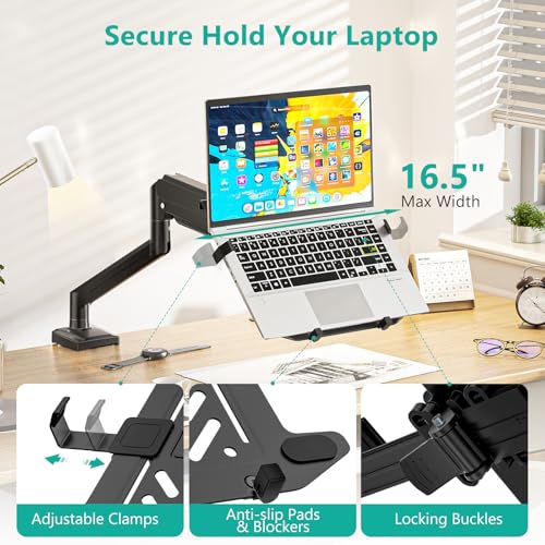 WALI Single Arm Laptop and Monitor Desk Mount for 17" Notebook and Up to 32" Screen, 2-in-1 Adjustable Gas Spring Monitor Arm with Laptop Tray, VESA 75x75 100x100,Holds 22-26.4 lbs, Black (GSMP001NLP) - size: Single, style: Fully Adjustable Desk Mount