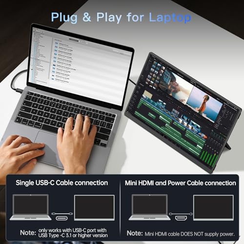 Portable Monitor 15.6" FHD 1080p with 13500mAh Built-in Battery, Kickstand & Speakers, HDMI USB C External Travel Monitor for Laptops, PC, Mac, Xbox, Switch, and PS5/4