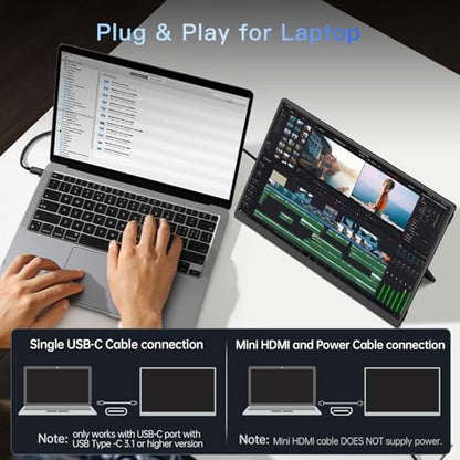 Portable Monitor 15.6" FHD 1080p with 13500mAh Built-in Battery, Kickstand & Speakers, HDMI USB C External Travel Monitor for Laptops, PC, Mac, Xbox, Switch, and PS5/4