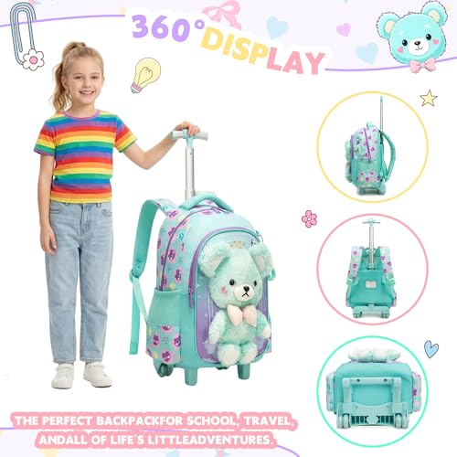 Meetbelify Rolling Backpack for Girls Backpacks with Wheels for Elementary Student Kids School Travel Bag for Girls Ages 6-8 Years Old - color: Green