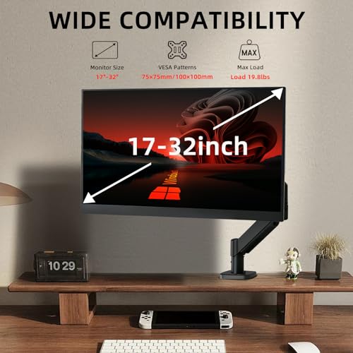 Single Monitor Mount for 17-32 Inch Screens, Gas Spring Monitor Arm Desk Mount with Full Motion Adjustment, Supports 4.4-19.8 lbs Monitors, VESA 75x75/100x100, C-Clamp & Grommet Base
