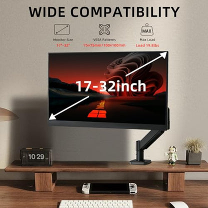Single Monitor Mount for 17-32 Inch Screens, Gas Spring Monitor Arm Desk Mount with Full Motion Adjustment, Supports 4.4-19.8 lbs Monitors, VESA 75x75/100x100, C-Clamp & Grommet Base