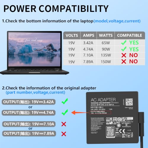 90W Laptop Charger Compatible with Asus Vg27aq Vg32vq Vg279qm K53 K53B K53BY K53E Q524Uq Q534Ux Q524Uq-Bbi7T1 Q524Uq U500V Adp-90Le B Laptop Power Adapter