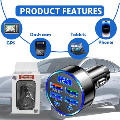 6 Port Fast USB Car Charger (PD+QC3.0),Cigarette Lighter USB Charger with LED Digital Display,Universal Car Charger Adapter Car Accessories Interior for Most 12V/24V Vehicles