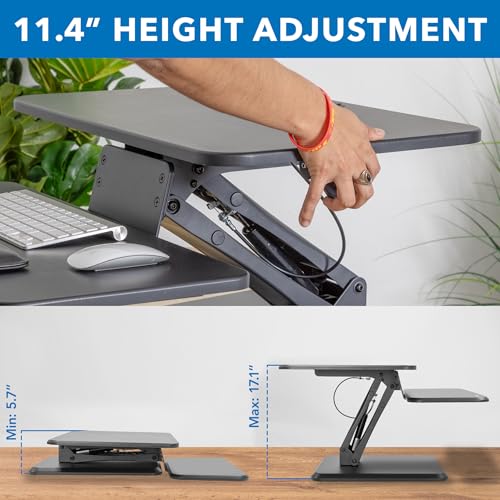 Mount-It! Compact Standing Desk Riser, Height Adjustable Desktop Sit Stand Workstation with Gas Spring, Tabletop Stand Up Desk with Keyboard Tray, Black