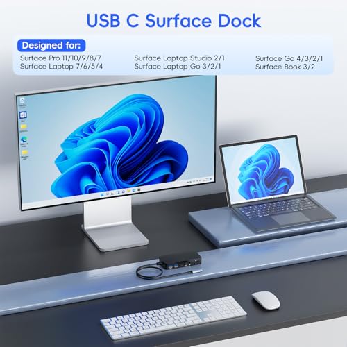 2026 New Surface Thunderbolt 4 Dock Triple Displays 4K HDMI*2+VGA, 12 in 1 Surface Pro Docking Station with Power Adapter for Surface Pro 11/10/9/8/X/7/6/5/4/3, Surface Laptop, Surface Book Go