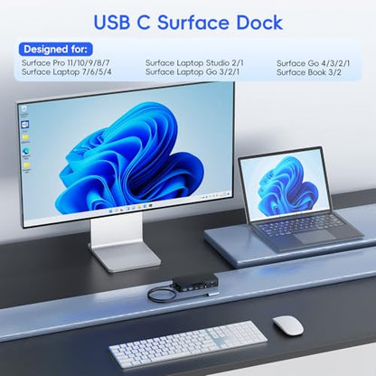 2026 New Surface Thunderbolt 4 Dock Triple Displays 4K HDMI*2+VGA, 12 in 1 Surface Pro Docking Station with Power Adapter for Surface Pro 11/10/9/8/X/7/6/5/4/3, Surface Laptop, Surface Book Go