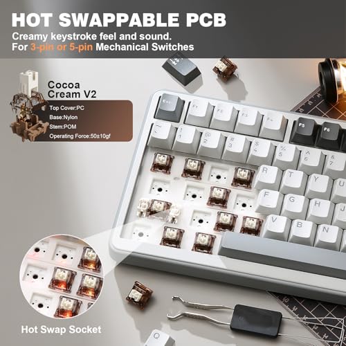 YUNZII B75 PRO Wireless Mechanical Gaming Keyboard | Custom 75% Layout with Knob,Gasket Mount,Hot Swap,Creamy Pre-lubed Switch,BT/USB-C/2.4G(Cocoa Cream V2 Switch,Grey) - color: Grey, size: Cocoa Cream V2 Switch