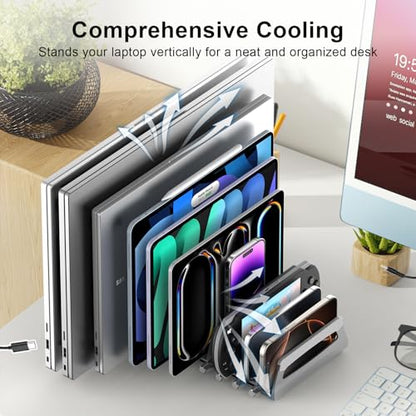 10-Slot Vertical Laptop Stand & Holder – Adjustable Aluminum Laptop Stand Vertical for Desk Fits 10 Devices, MacBook & Gaming Laptops (Up to 17.3”) – Space Saving Laptop Storage Rack - Grey - size: 10 - Slot