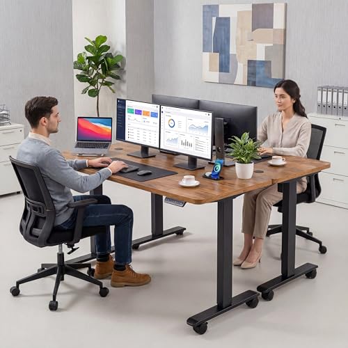farexon Electric Standing Desk Adjustable Height, 71 x 28 Inch Sit Stand up Desk with Large Mouse Pad, Double Metal Hook,4 Wheels,4 Memory Preset Heights Home Office Computer Desk（Brown） - color: Brown, size: 71 x 28''