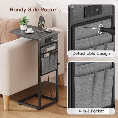 Vagusicc C-Shaped End Tables Set of 2 with Charging Station, 33'' Tall C Table Adjustable Height Side Table for Couch, Small Couch Table that Slide Under Sofa, TV Trays for Living Room, Gray Walnut - color: 2pc Gray Walnut, style: With Plug