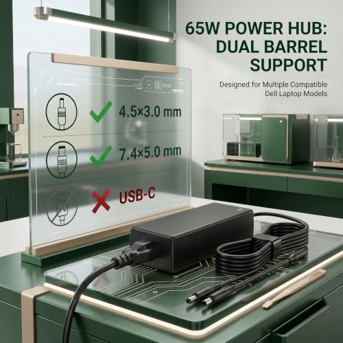 65W Laptop Charger Compatible with Dell Inspiron Latitude, 4.5mm/7.4mm | 65W Adapter with 4.5mm & 7.4mm Dual Tips. Compatible with Dell Inspiron, Latitude & Vostro. 9FT Cord, Supports 45W.