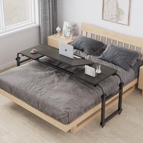 TigerDad Tilt Overbed Table with Wheels, Height Adjustable Rolling Desk for King Queen Bed, Tilting Laptop Cart Mobile Computer Workstation, Dekuwood - color: Tilt Overbed Table- Dekuwood