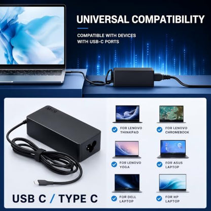 65W USB C Charger Compatible with Lenovo Laptop ThinkPad, IdeaPad, Yoga, ThinkBook, Chromebook, Flex, Slim, USB-C Power Delivery PD Fast Charging AC Adapter, Replacement for ADLX65YLC2A, ADLX65YCC3A
