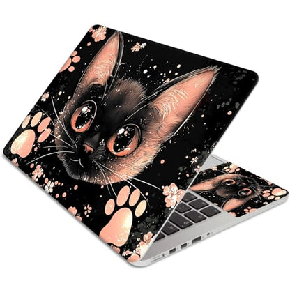 Laptop Skin Sticker 3-Piece Set,Cute Pink and Black Cat | Trim-to-fit 3-piece vinyl set with one 15 x 10.6 in lid skin and two palm-rest decals for many 12-15.6 in laptops - color: Cute Pink And Black Cat