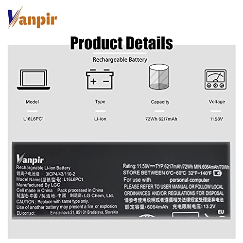 L16L6PC1 Laptop Battery, 11.58V 72Wh 6217mAh Compatible with Lenovo Yoga 720-15IKB Series Notebook L16M6PC1 L16C6PC1 5B10M53745 5B10M53743 5B10M53744 - size: 9.98*3.81*0.34 inch L16L6PC1