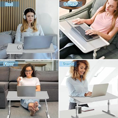Laptop Bed Desk, X-Large Leather Adjustable Computer Bed Table Tray, Foldable Laptop Lap Desk for Bed Sofa Couch Floor Writing Eating Working with Drawer 2 Movable Stoppers (23.6 inch, Grey) - color: Gray