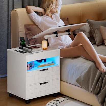 Lareth Rolling Nightstand with Wheels, LED Lights, Charging Station | Height Adjustable, Bedside Table 2 Drawers, Smart Wooden End Table Dorm Side Table Laptop Workstaion, Bedroom, White - color: A White