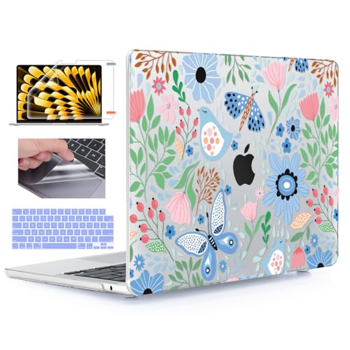 for MacBook Air 15 inch Case 2026-2023 Release M5 A3448 M4 A3241 M3 A3114 M2 A2941 Liquid Retina Display, Hard Shell Case with Keyboard Cover+Screen Film+Trackpad Film,Flower Butterfly - color: Flower & Butterfly