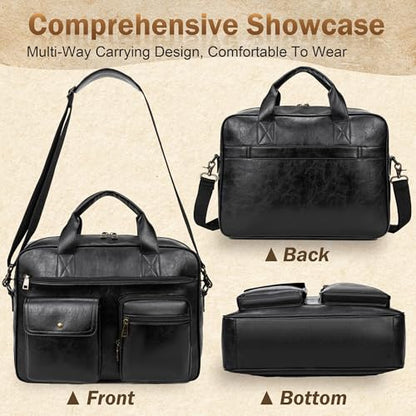 Briefcase for Men 15.6 Inch Laptop Messenger Bag Faux Leather Multi-Pocket Business Work Bag Waterproof Office Travel Tote - color: Black