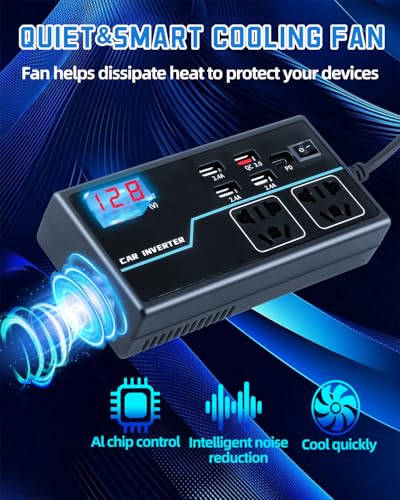 200W Power Inverter, 8-in-1 DC 12V to 110V AC Car Plug Adapter Outlets Converter with 30W PD3.0 & 4 USB Ports,Dual AC Outlet and 10A Cigarette Lighter Splitter, Car Charger for Laptop